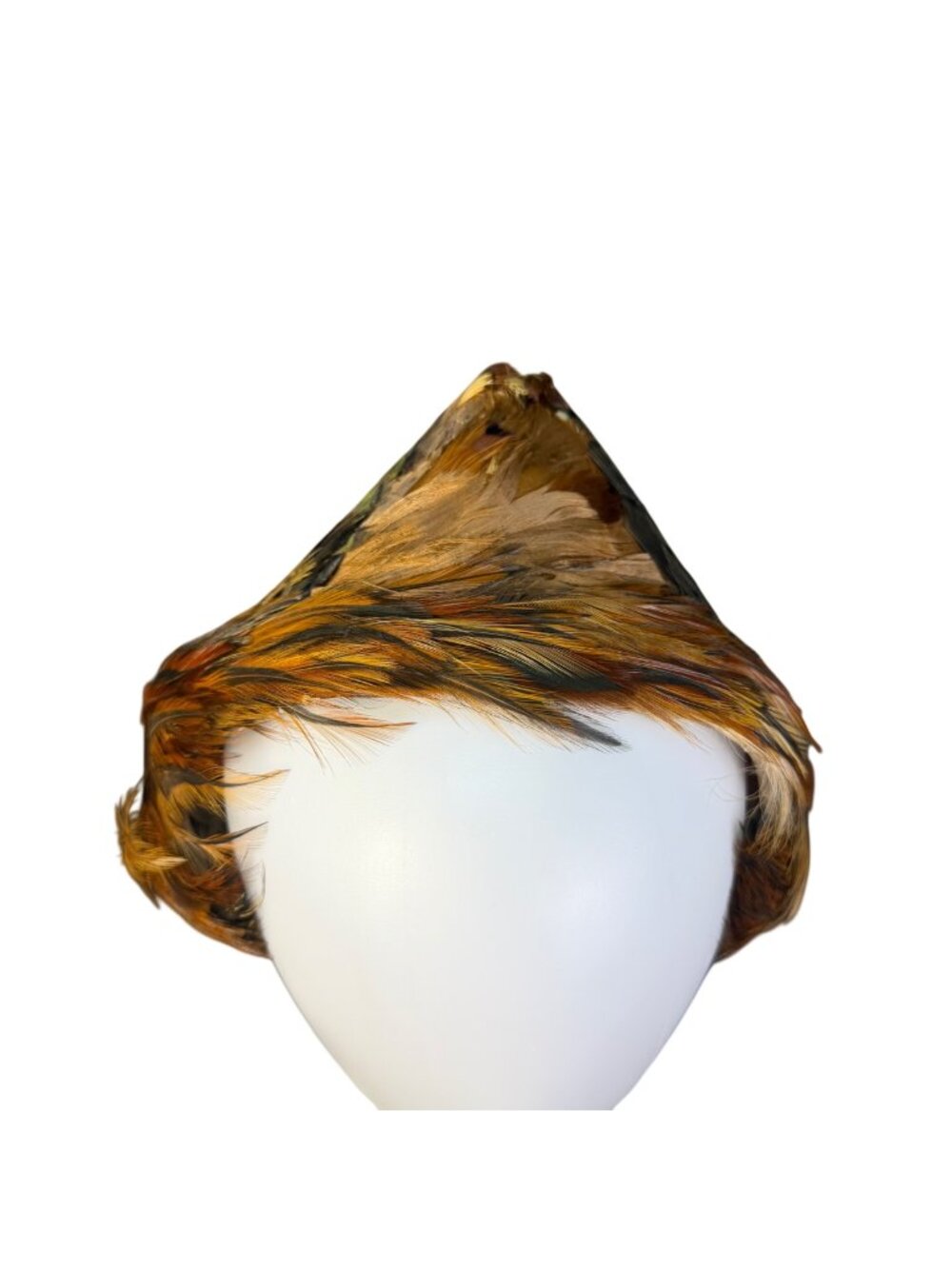 Vintage Womens Multicolor Feather Hat Elegant Brown Orange Statement Accessory
